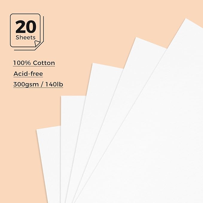 Lightwish Watercolor Sketchbook, 100% Cotton 300gsm Hot Press, 6.69" x 3.94", 20 Sheets, Binder Bound & Refillable, Acid Free Paper for Artists, Adults, Students, Travel Art Journal