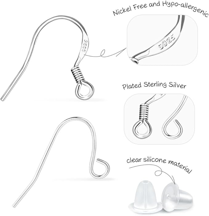 s925 sterling silver earring hooks hypoallergenic 200pcs ear wires + fish hooks jewelry making supplies findings nickel-free with 200pcs clear rubber earring backs for diy jewelry