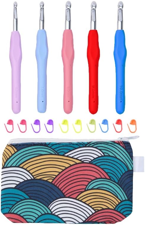 YAWIKO Crochet Hooks Set, Ergonomic Crochet Hooks with case for Arthritic Hands, Lightweight Crochet Knitting Needles Accessories for Beginners and Arthritis Hands (Large-5 Size (6.5-10.0mm))