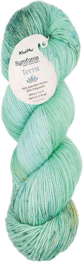 KnitPro Symfonie Fingering Weight Hand Dyed Variegated Yarn Skein | Extra Fine Merino Wool & Polyamide Blend for Knitting & Crocheting, Oeko-TEX Certified 400m, 100g | Terra Mint Sky