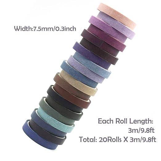 20 Rolls Washi Tape Set - Cool Tones Solid Colour Masking Tape, 197 Feet x 7.5mm Wide, for Journaling, Scrapbooking, Planners, Books & DIY Arts Crafts