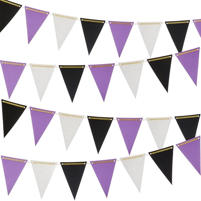 MOWO Purple Black and Silver Pennant Banner Paper Bunting Hanging Decoration for Graduation Birthday Retirement Halloween Party, Pack of 30 Counts Pennant, 20 feet