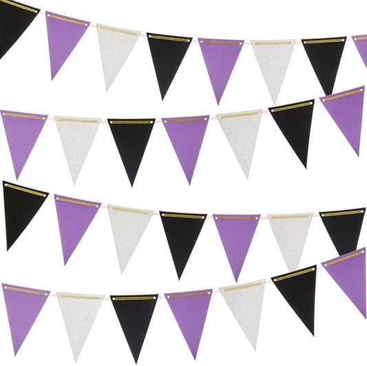 MOWO Purple Black and Silver Pennant Banner Paper Bunting Hanging Decoration for Graduation Birthday Retirement Halloween Party, Pack of 30 Counts Pennant, 20 feet