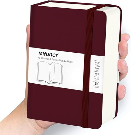 Mix Media Pad,3.5"x5.5" Small Hardcover Leather Art Sketchbook,105 GSM 200 Sheets/400 Pages Acid Free Artistic Painting Drawing Sketching Writing Paper, Handy Pocket Journal Notebook. Wine Red