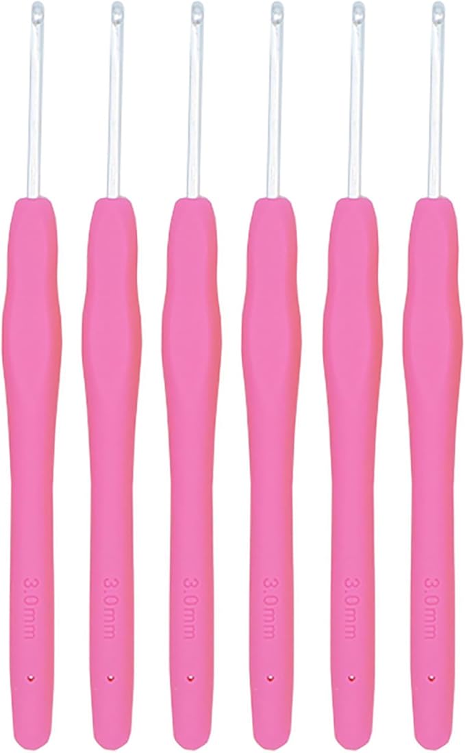 6Pcs 3mm Aluminum Soft Grip Rubber Ergonomic Handle Crochet Hook Knitting Needles US Size D (Size 3) for DIY Yarn Craft,Nice Gift for Women Adults Kids Children Beginners (Pink)