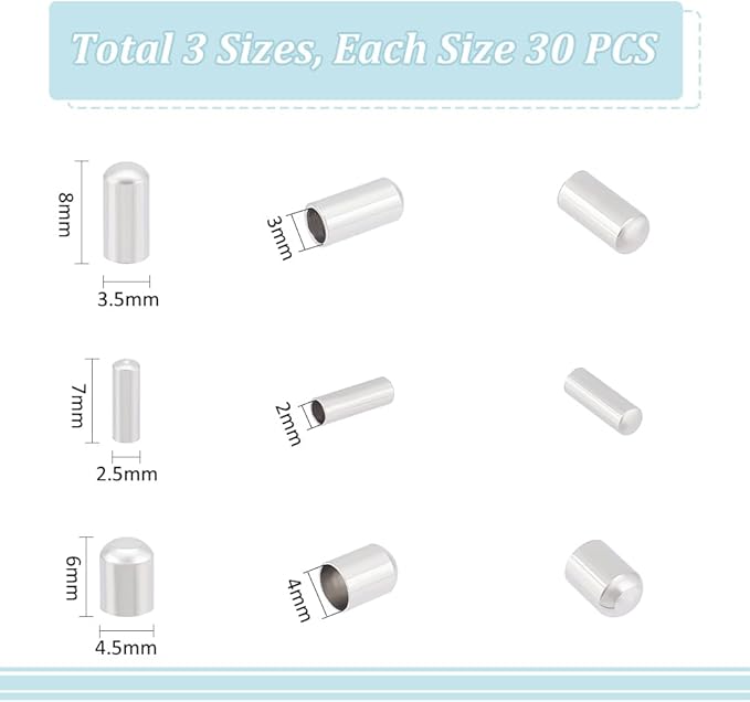 UNICRAFTALE 90Pcs 3 Sizes Stainless Steel Cord Ends 24mm Column Cone Leather Jewelry Making Caps Bracelet Ends Terminators for Necklace Making