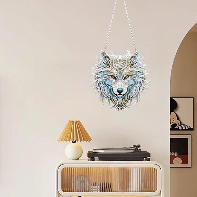 RYMILIE Diamond Art Hanging Kits for Adults,Wolf Special Shaped Diamond Painting,Double Sided 5D DIY Acrylic Diamond Art Painting Window Pendants Home Garden Wall Hanging Kits Wolf Ornament.