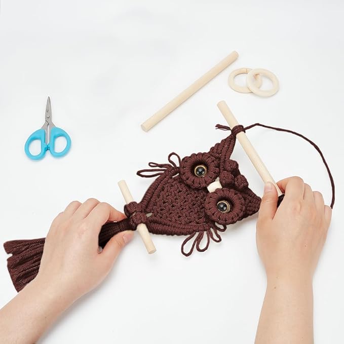 ORIGACH DIY Macrame Owl Wall Hanging Tapestry Kit Brown Cotton Handmade Macrame Owl Kit Boho Macrame Wall Hanging Decor Woven Ornament Gift for Bedroom Living Room