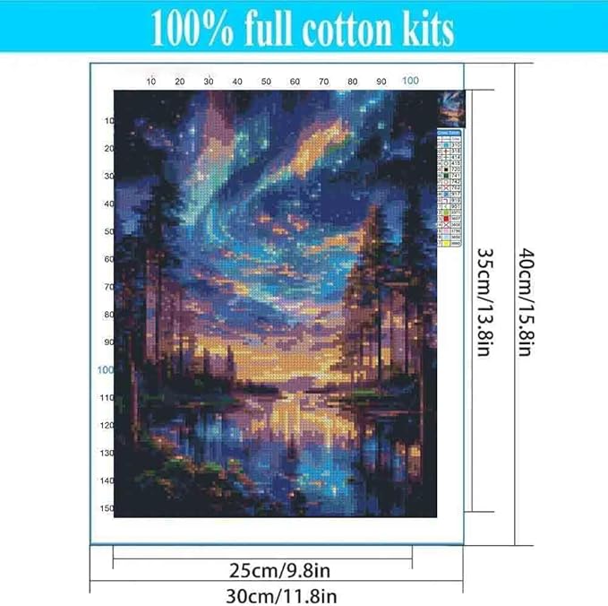 Starry Night Stamped Cross Stitch Kits for Adults - Lake Tree Embroidery Kits for Beginners Adults,11 CT Patterns Dimensions Counted Cross Stitch Kits for Adults Arts Craft 12x16 inch