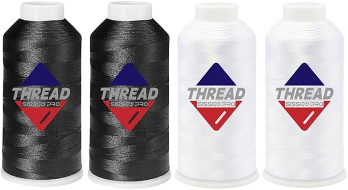 Sissewpro 40WT Machine Embroidery Thread 4 Huge Spool (5,000M Each 20,000M Total) – 2xWhite + 2xBlack Polyester Embroidery Machine Thread 120D/2 for Commercial & Home Embroidery Machines