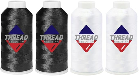 Sissewpro 40WT Machine Embroidery Thread 4 Huge Spool (5,000M Each 20,000M Total) – 2xWhite + 2xBlack Polyester Embroidery Machine Thread 120D/2 for Commercial & Home Embroidery Machines