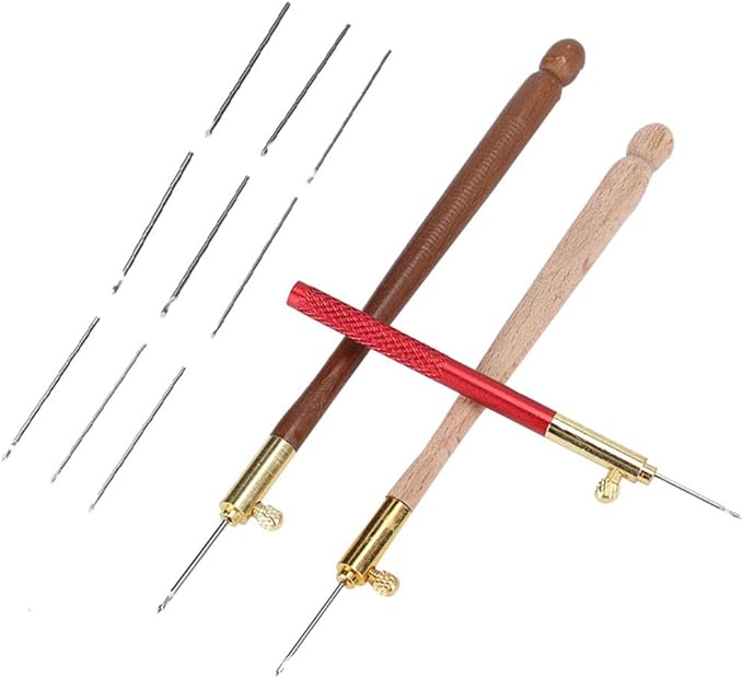 Tambour Embroidery Kit Tambour Hook 3Pcs Stainless Steel Wood Handle Embroidery Crochet Hooks Punch Needle with 9 Needles French Tambour Beading Sequins Sewing Craft Tool