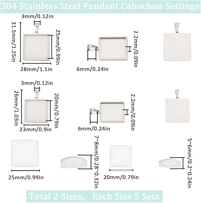 SUNNYCLUE 1 Box 20Pcs Pendant Tray Set Blank Bezel Pendant Trays Stainless Steel Charm Blanks Cabochon Settings Cabochon Bezels for Jewelry Making DIY Findings Supplies
