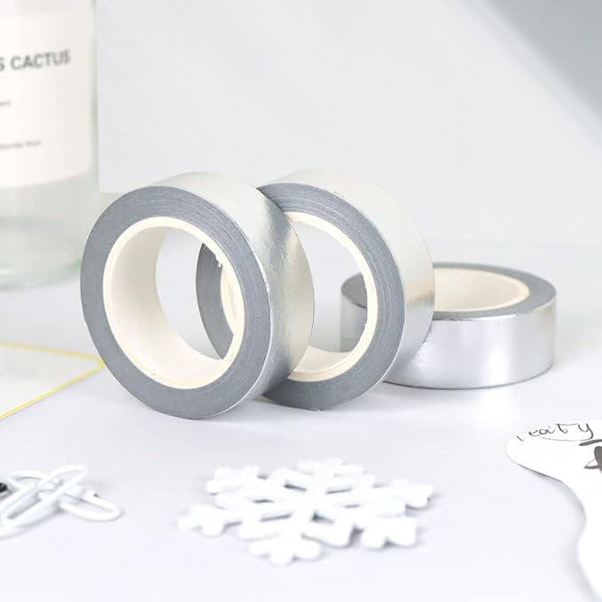 MEI YI TIAN 6 Rolls Solid Silver Foil Washi Tape Set 15mm Width 10m Length Glitter Paper Adhesive Masking Tapes Sticky Paper Tape for DIY Scrapbooking Bullet Crafts Art Journal Decoration