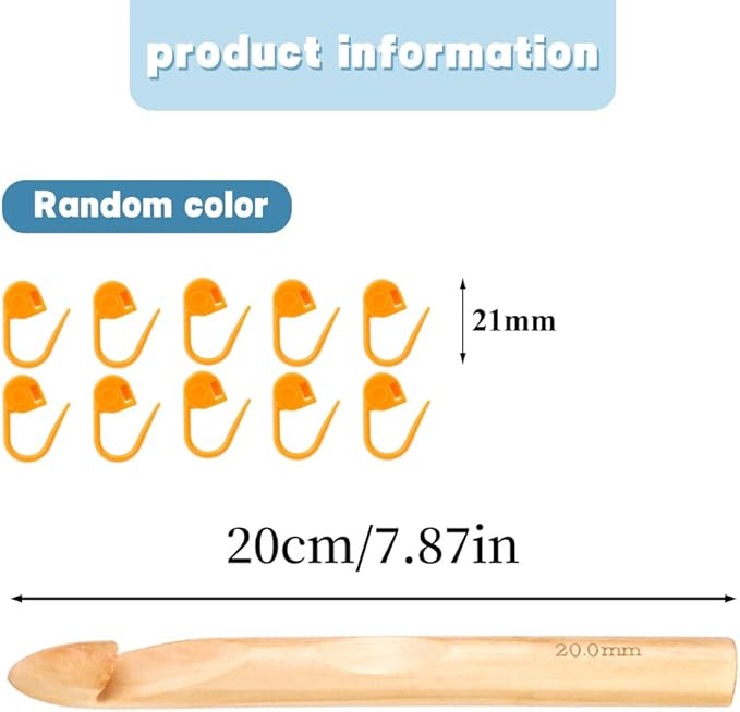 Wooden Crochet Hooks, 20mm Wooden Handle Crochet Hook Bamboo Knitting Crochet Needles with 10 pcs Knitting Stitch Markers for Handcraft Crocheting