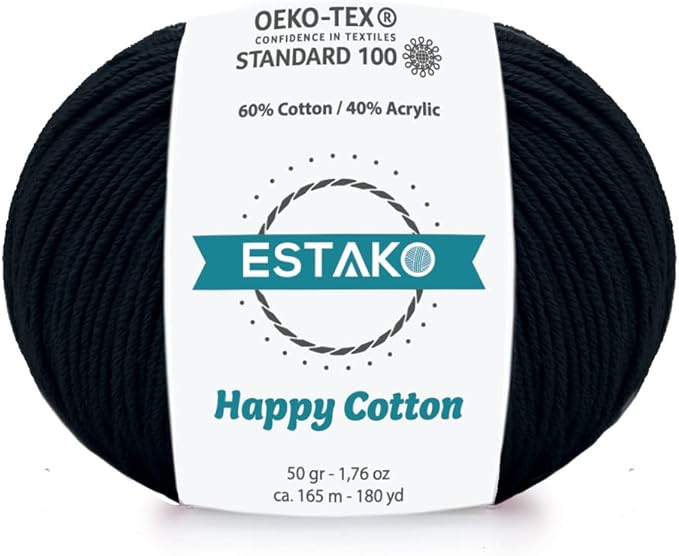 Estako Happy Cotton, 60% Cotton 40% Acrylic Yarn, Soft, Fine/Sport (2) for Crochet and Knitting 1.76 Oz (50g) / 180 Yrds (165m) (4810 - Black)