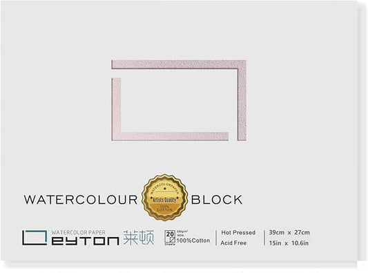 Non-Warping 100% Cotton Watercolor Paper Block - 20 Sheets of 160lb/350gsm Hot Press Water Color Art Supplies for Wet, Dry, and Mixed Media Painting, for Watercolor, Gouache, Acrylic (15 x 10.6'')