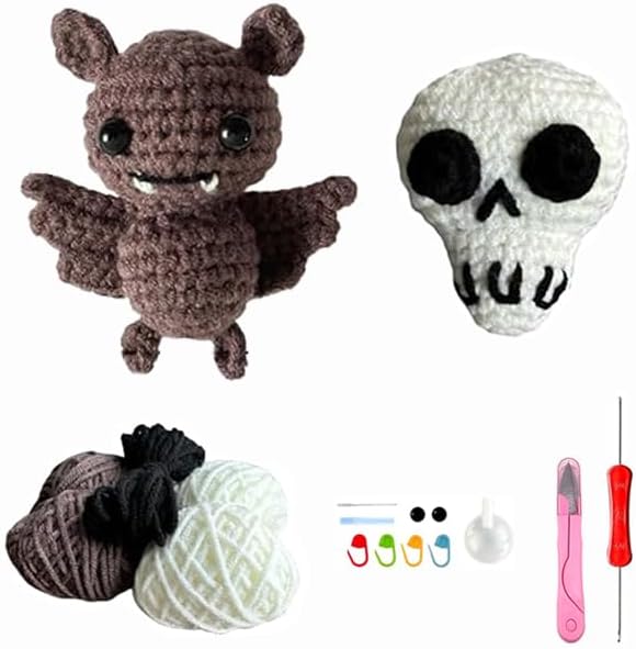 Xanadued Crochet Kit for Beginners, Crochet Halloween Bat & Skull Set, Knitting Kit for Beginners Adults, Easy Learn to Crochet Kit with Tutorial and Step-by-Step Instruction Vedio