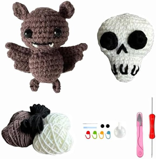 Xanadued Crochet Kit for Beginners, Crochet Halloween Bat & Skull Set, Knitting Kit for Beginners Adults, Easy Learn to Crochet Kit with Tutorial and Step-by-Step Instruction Vedio