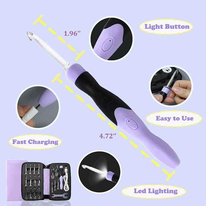 lewhoo 17 sizes lighted crochet hooks set 2.5mm~14.0mm, metal crochet hook with interchangeable crochet head