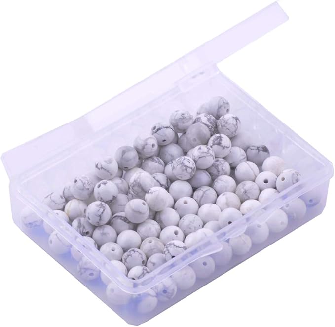 Natural Stone Beads 100pcs 8mm White Howlite Round Genuine Real Stone Beading Loose Gemstone Hole Size 1mm DIY Charm Smooth Beads for Bracelet Necklace Earrings Jewelry Making (White Howlite, 8mm)