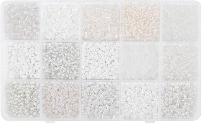 Mix 15 Color Glass Seed Tube Beads Glass Bugle Beads Loose Kit for Jewelry Making DIY Craft Beading (Mix 15 Color, White)