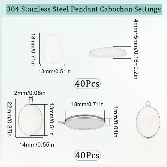 SUNNYCLUE 1 Box 80Pcs Bezel Trays Oval Pendant Tray Set Stainless Steel Pendant Blanks Photo Charm Cabochon Settings Blank Bezel Charms with Glass Cabochons for Jewelry Making DIY Findings