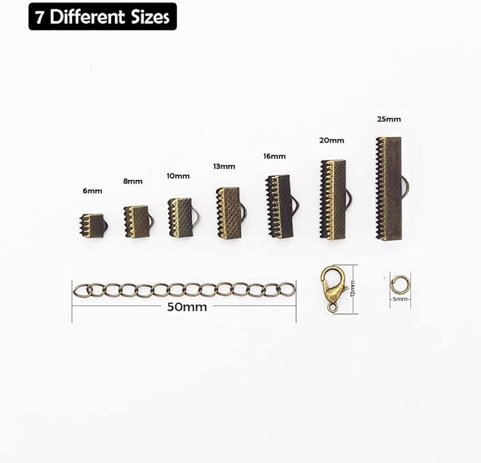 INSPIRELLE 100 Sets Assorted Size Bronze Ends for Ribbon Bracelet Bookmark Making Crimps Kit with Lobster Clasps and Chain Extenders