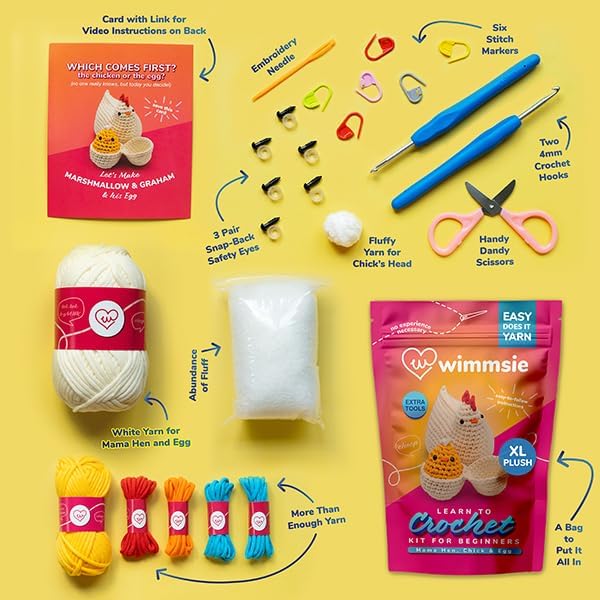 Wimmsie Crochet Animal Kit for Beginners - Easy Beginner Crochet Kit for Kids - Amigurumi Chicken Chick & Egg - 3 Kawaii Stuffed Animals - Cute DIY Yarn Plush (Pink)