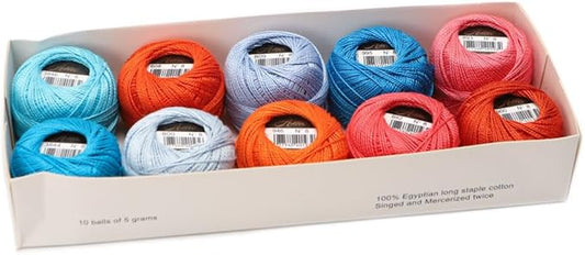 Size 8 Double Mercerized Egyptian Long Staple Cotton Pearl Thread Ball 5 Grams Rainbow Color Embroidery Thread 10 Colors per Box for Crochet Hardanger Cross Stitch Hand Embroidery (Set T)