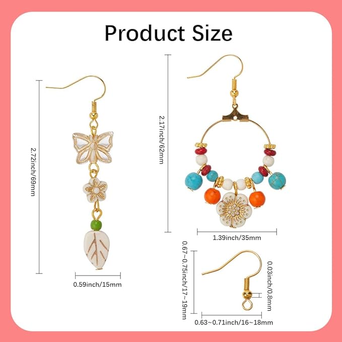 SUNNYCLUE 1 Box DIY 10 Pairs Boho Earring Making Kit Turquoise Charms Baroque Style Tibetan Gold Plating Metal Enlaced Spring Leaves Clear Flower Butterfly Charms for Jewelry Making Kits Women Adults