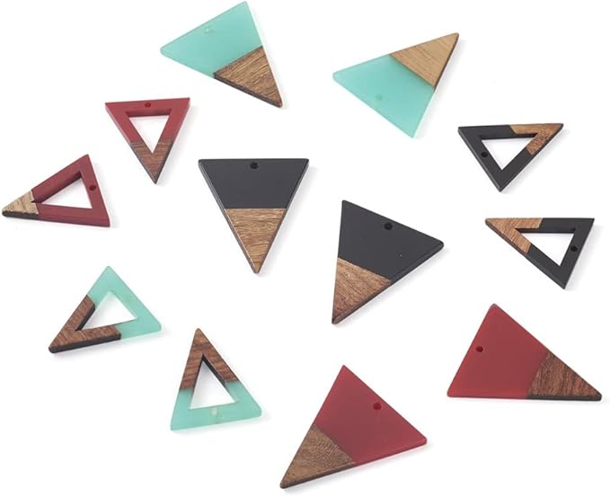Beadthoven 12pcs/6 Pairs Natural Wood Resin Triangle Charms DIY Earrings Pendants Mixed Colors Hollow Triangle Wooden Pieces Pendants for Statement Jewelry Making Findings