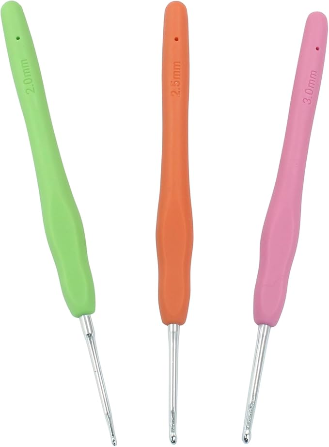 suiwotin 3pcs/Set 2mm/2.5mm/3mm Crochet Hook, Aluminum Crochet Hook Set, Rubber Handle Ergonomic Knitting Needles for Yarn DIY Crafts Projects