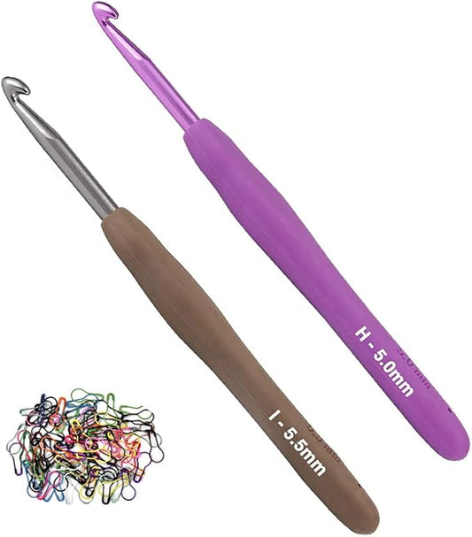 5.0mm and 5.5mm Crochet Hook，2pack Size Crochet Hook Aluminum Soft Grip Rubber Handle Needles,Ergonomic Handle Crochet Hooks Set, Crochet Needle for Beginners and Experienced Crochet Hooks Lovers