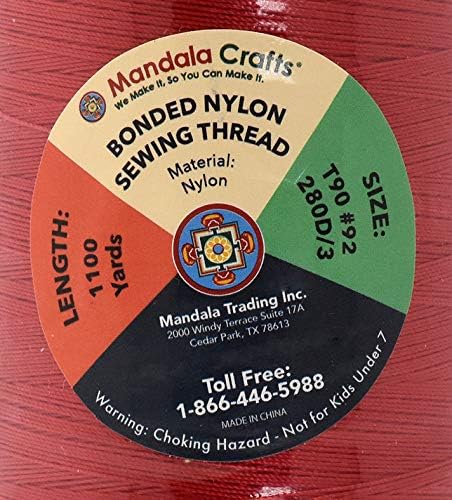 Mandala Crafts Size 92 280D T90 Bonded Nylon Thread - Red 1100 YDs Tex 90 Heavy Duty Sewing Threads for Leather, Jeans, Weaving, Outdoor Marine Upholstery
