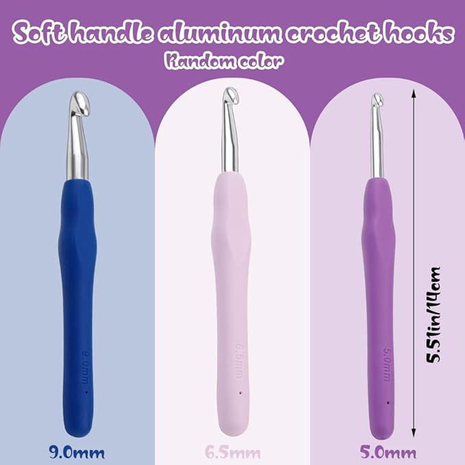 3 Sizes Crochet Hooks,Ergonomic Arthritis Handle,5.5 inch Long Beginner's Knitting Needle and Color Soft Handle Smooth Knitting Needle DIY Knitting Kit for Knitting Sweaters,Scarves and Hats