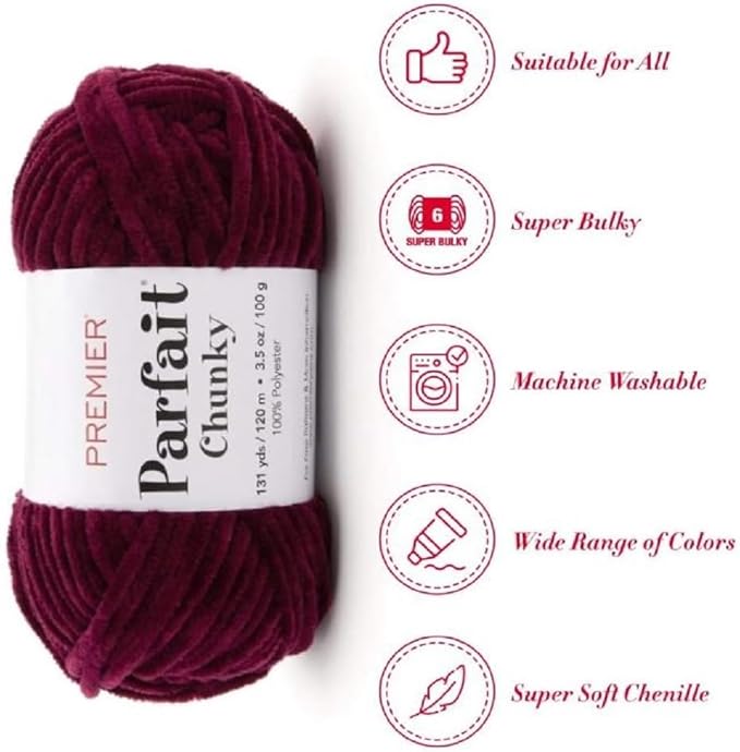 Premier Yarns Parfait Chunky Chenille Yarn 3.5 Oz Super Bulky Weight 3 Pack Bundle with Bella's Stitch Place Holders (Plum)
