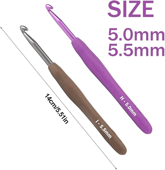 5.0mm and 5.5mm Crochet Hook，2pack Size Crochet Hook Aluminum Soft Grip Rubber Handle Needles,Ergonomic Handle Crochet Hooks Set, Crochet Needle for Beginners and Experienced Crochet Hooks Lovers