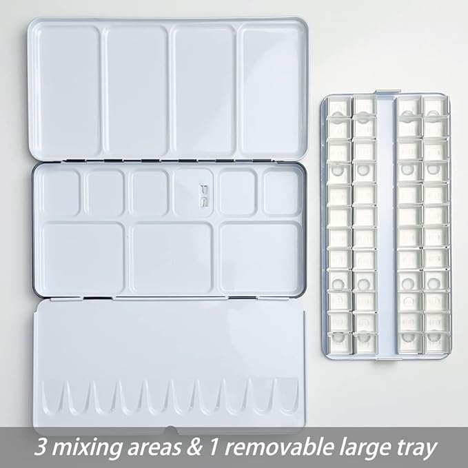 FCLUB Watercolor Palette, 48 Wells and 3 Mixing Areas - Empty Half Pans Watercolor Palette with Lid, Folding Paint Tray