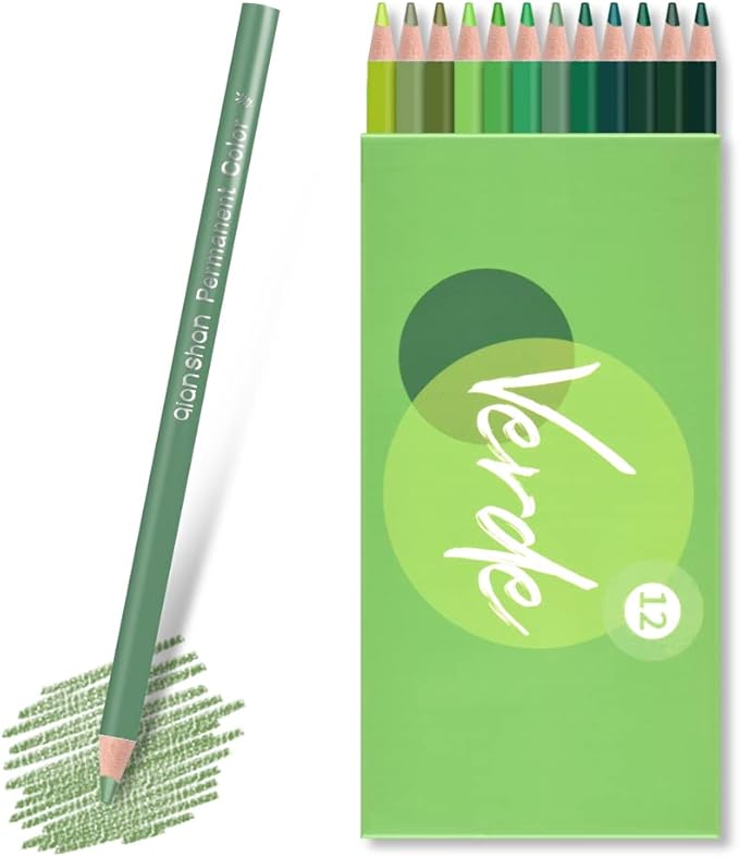 qianshan 12 Green Colored Pencils Oil Based Pre-sharpened Wooden Colored Pencil Set for Adults Coloring Books Drawing Sketching Art Supplies, No Duplicates