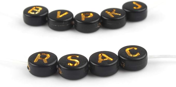 Song Xi 1200pcs Black Letter Beads for Bracelets Round Acrylic Black and Gold Alphabet Beads 4x7mm for Jewelry Making