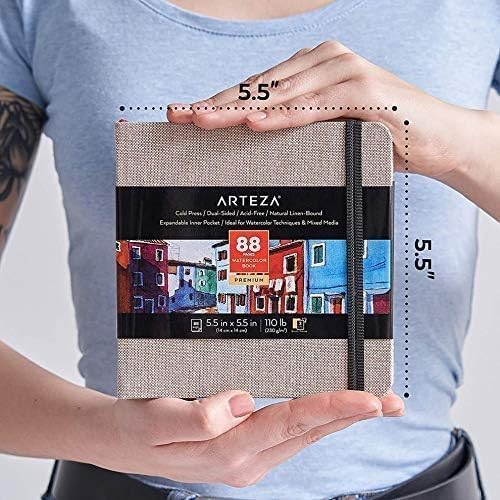 ARTEZA Watercolor Journals, Pack of 3, 5.5 x 5.5 Inches, 88 Pages Each, 110 lb / 230 gsm, Cold Press, Dual-Sided, Acid-Free Linen-Bound Hardcover Books for Watercolor and Fluid Media