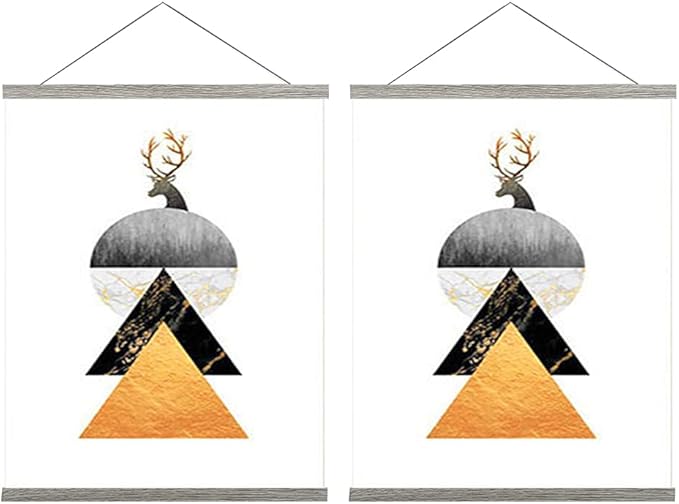 2 Pack Magnetic Poster Hanger Frame, 16x24 16x22 16x20 Light Wood Wooden Magnet Canvas Artwork Print Dowel Poster Hangers Frames Hanging Kit (Grey, 16", 2 Packs)