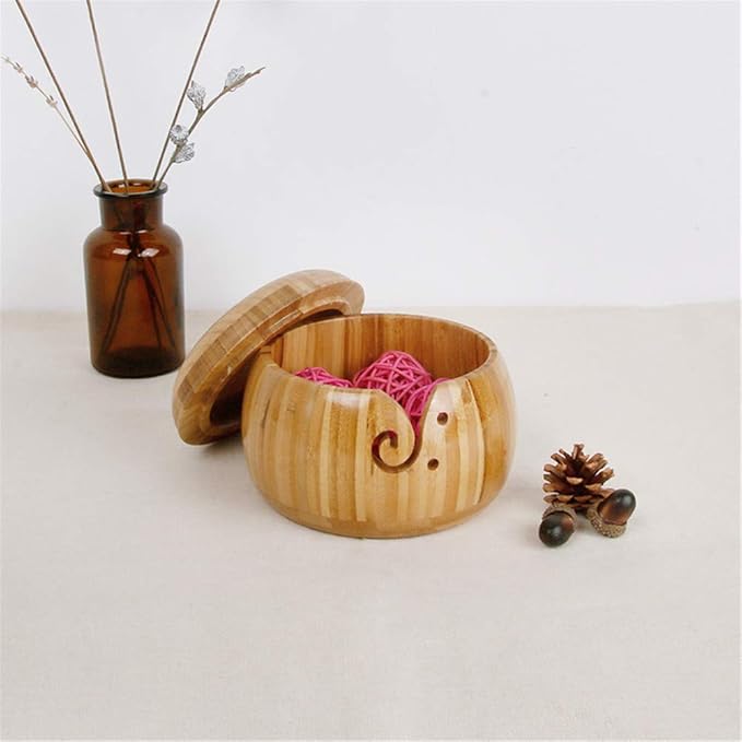 Bamboo Yarn Bowl with Removable Lid, Handmade Yarn Holder for Knitting and Crochet, Carbonized Brown Bowl Box, Smooth Surface, Easy to Carry Knitting Bowls, Crochet Holder, 5.9 *3.5 inch #6