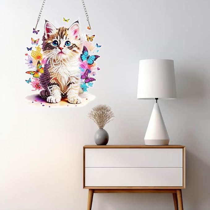 Masendp Butterfly Cat Diamond Art Pendant Set for Adults, 5D Special Shape Diamond Painting Cat Window Pendant Kit, Animal Gem Art Catcher Decoration Home Garden Wall Decoration