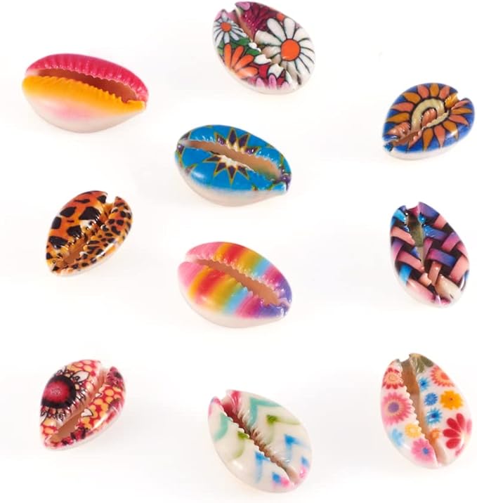 Cheriswelry 100pcs Cowrie Shell Beads Colorful Printed Sea Shell Beach Spacer Beads No Hole Ocean Summer Bracelet Necklace Beads Charms Fish Tanks Decoration 20~25mm for DIY Craft Jewelry Making