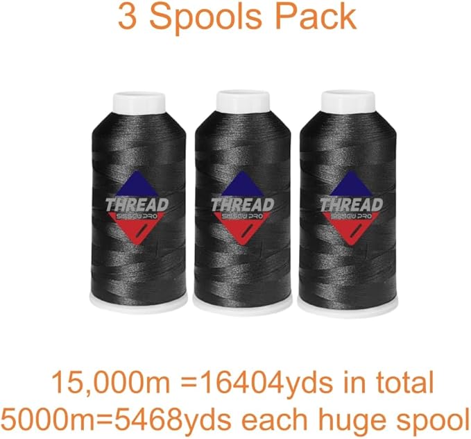 Sissewpro 40WT Machine Embroidery Thread 3 Big Spool (5,000M Each 15,000M Total) – 3 x Black Polyester Embroidery Machine Thread 120D/2 for Commercial & Home Embroidery Machines