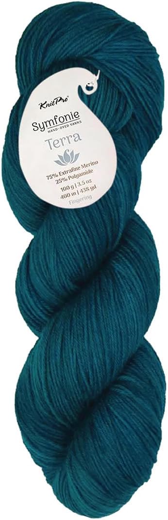 KnitPro Symfonie Fingering Weight Hand Dyed Semi-Solid Yarn Skein | Extra Fine Merino Wool & Polyamide Blend for Knitting & Crocheting, Oeko-TEX Certified 400m, 100g | Terra Peacock Green