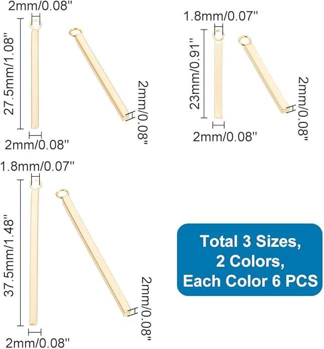 UNICRAFTALE 36Pcs 3 Sizes 2 Colors Stainless Steel Long Bar Shape Pendants Long Vertical Cubic Drop Dangle Earring Metal Smooth Pendants for Jewelry Making