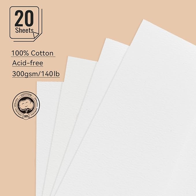 LIGHTWISH Watercolor Pad - A5 20 Sheets 100% Cotton 300GSM Cold Press Paper | Detachable with Backing Board | All-in-One Travel Watercolor Journal with Brush Holders & Storage Pockets